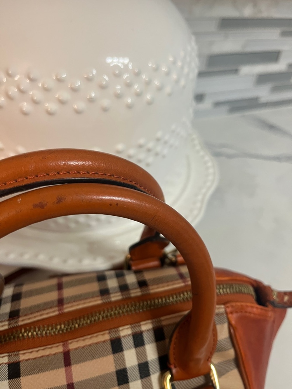 Burberry Orange, Tan & Beige Check Satchel - Picture 2 of 16